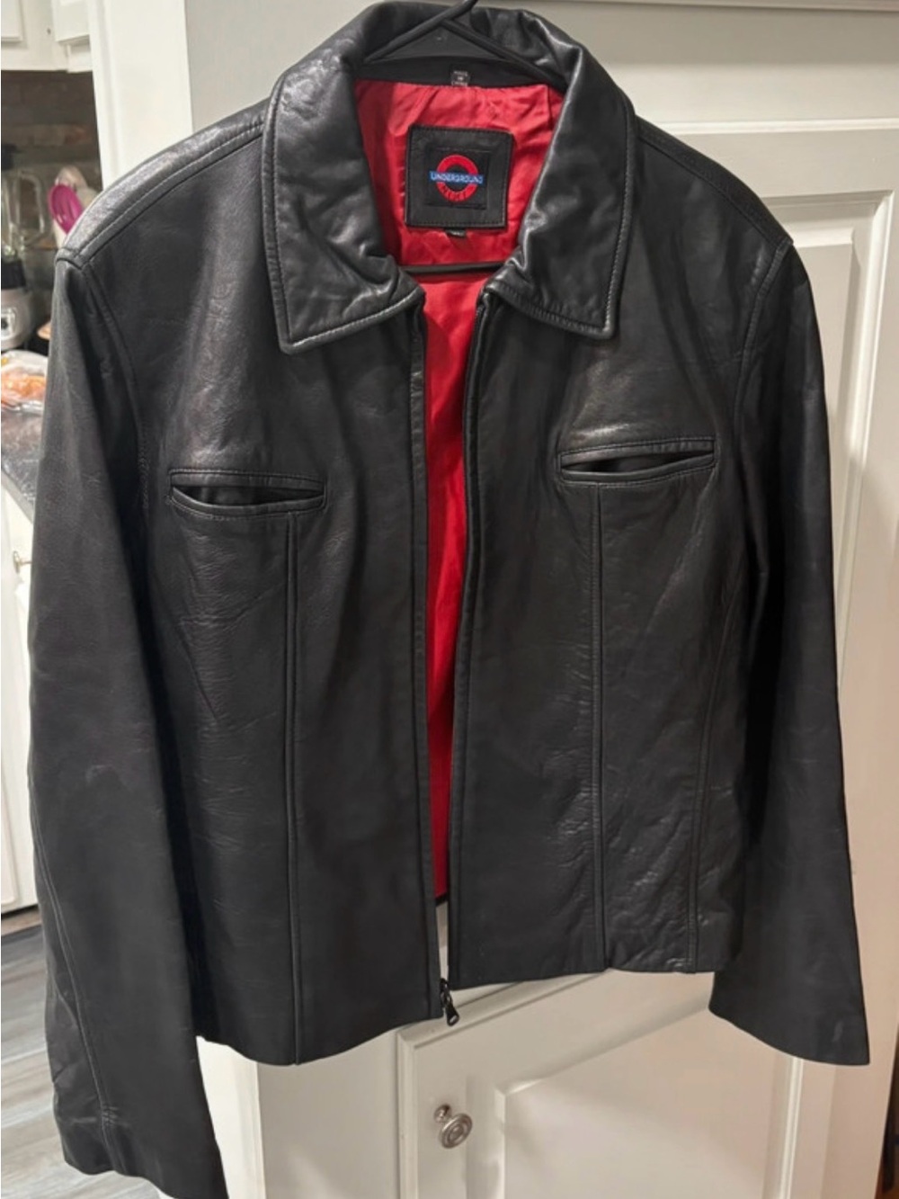 Underground Black Leather Jacket with Red Lining and Logo Patch